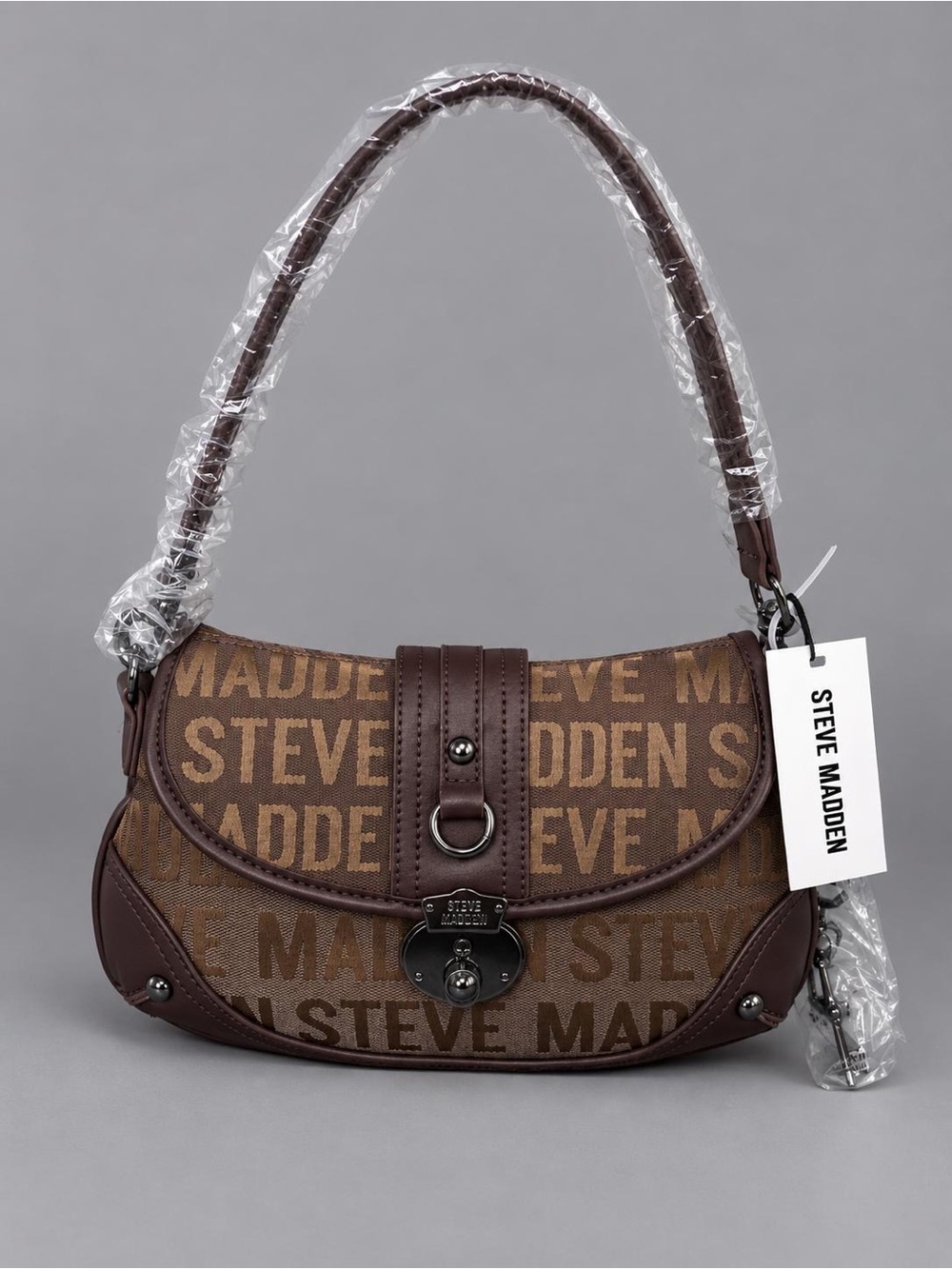 Steve Madden Brown Logo Crescent Small Turn Lock Shoulder Bag Detachable Strap